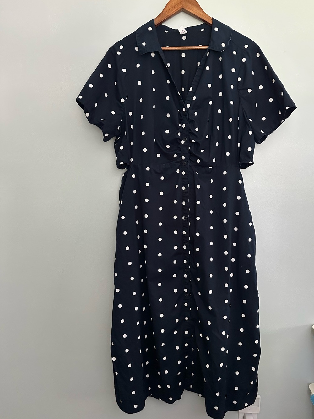 Navy Blue & White Polka Dot Button-Down Midi Dark Cottagecore Coastal Dress - Picture 4 of 9